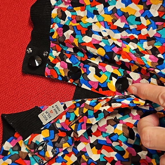 Vintage Adrianna Papell 80s dolman sleeve abstract pattern blouse top sz 4 silk - Picture 6 of 13